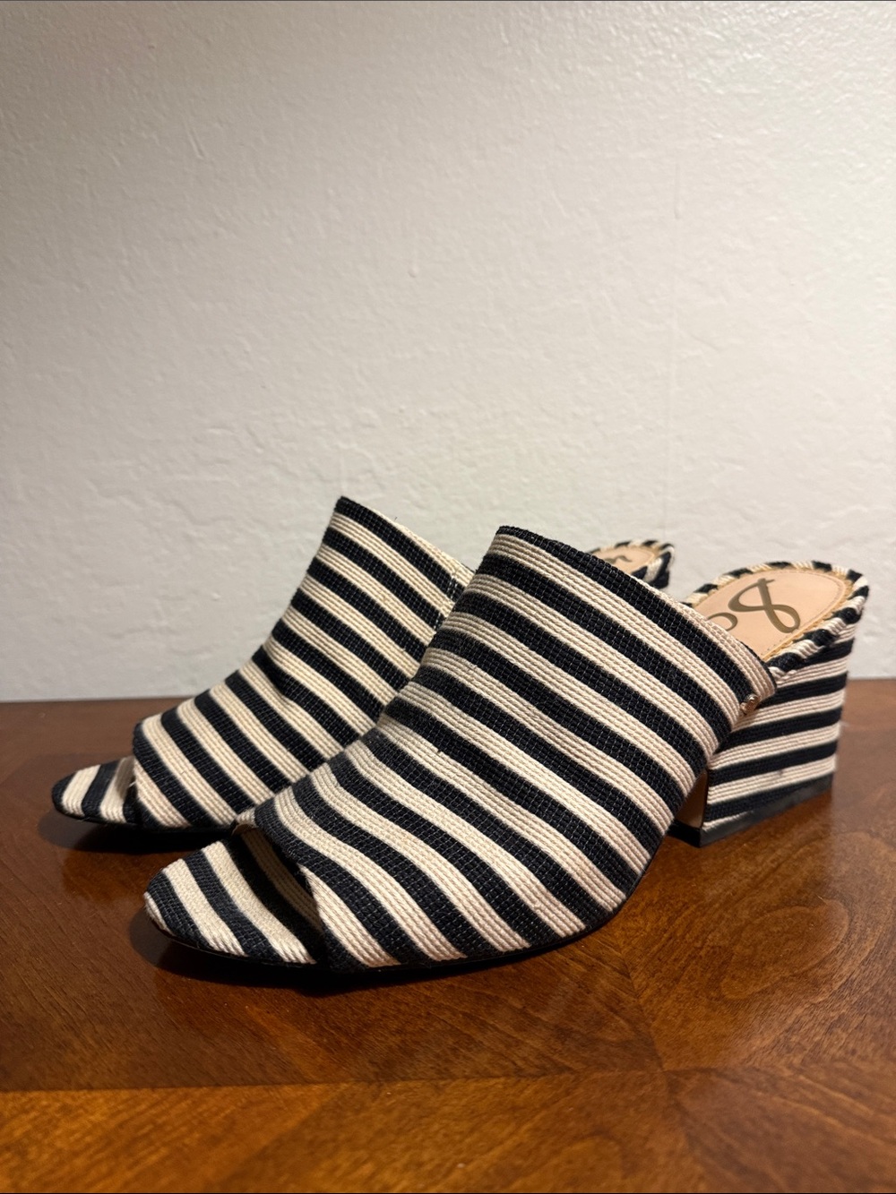Sam Edelman Rheta Black & White Striped Open-Toe Block Heel Canvas Mules Heels 9